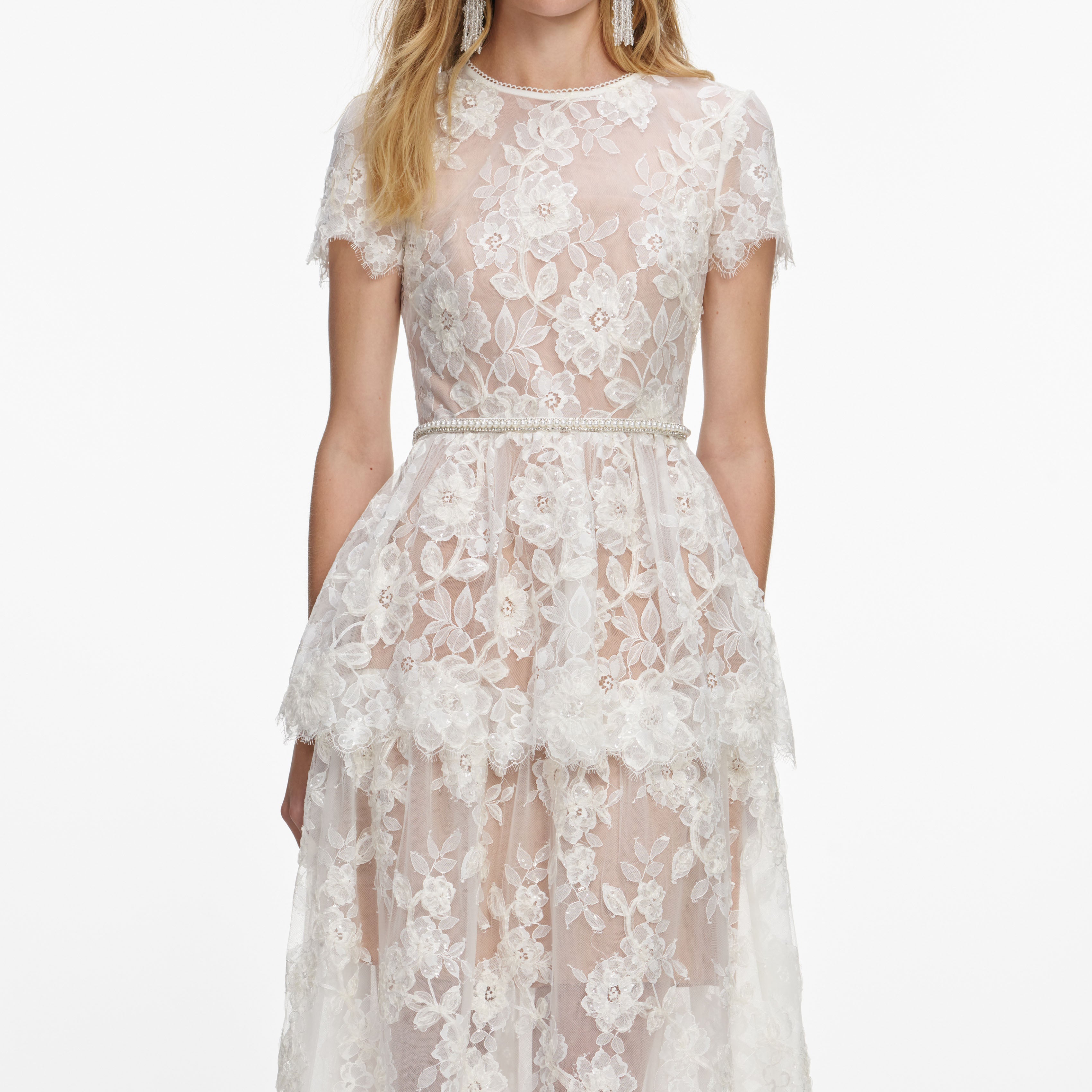 White Sequin Lace Tiered Maxi Dress