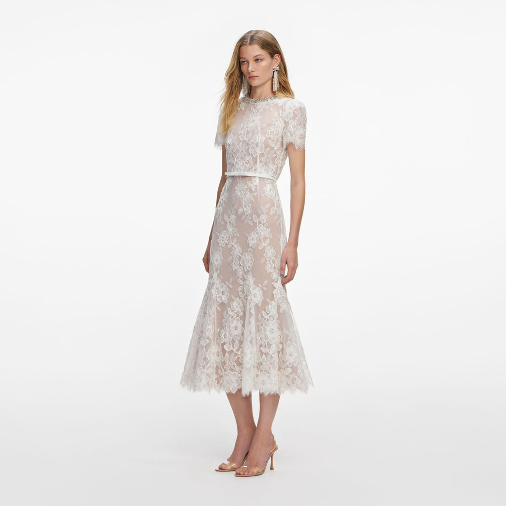 White Sequin Lace Midi Dress