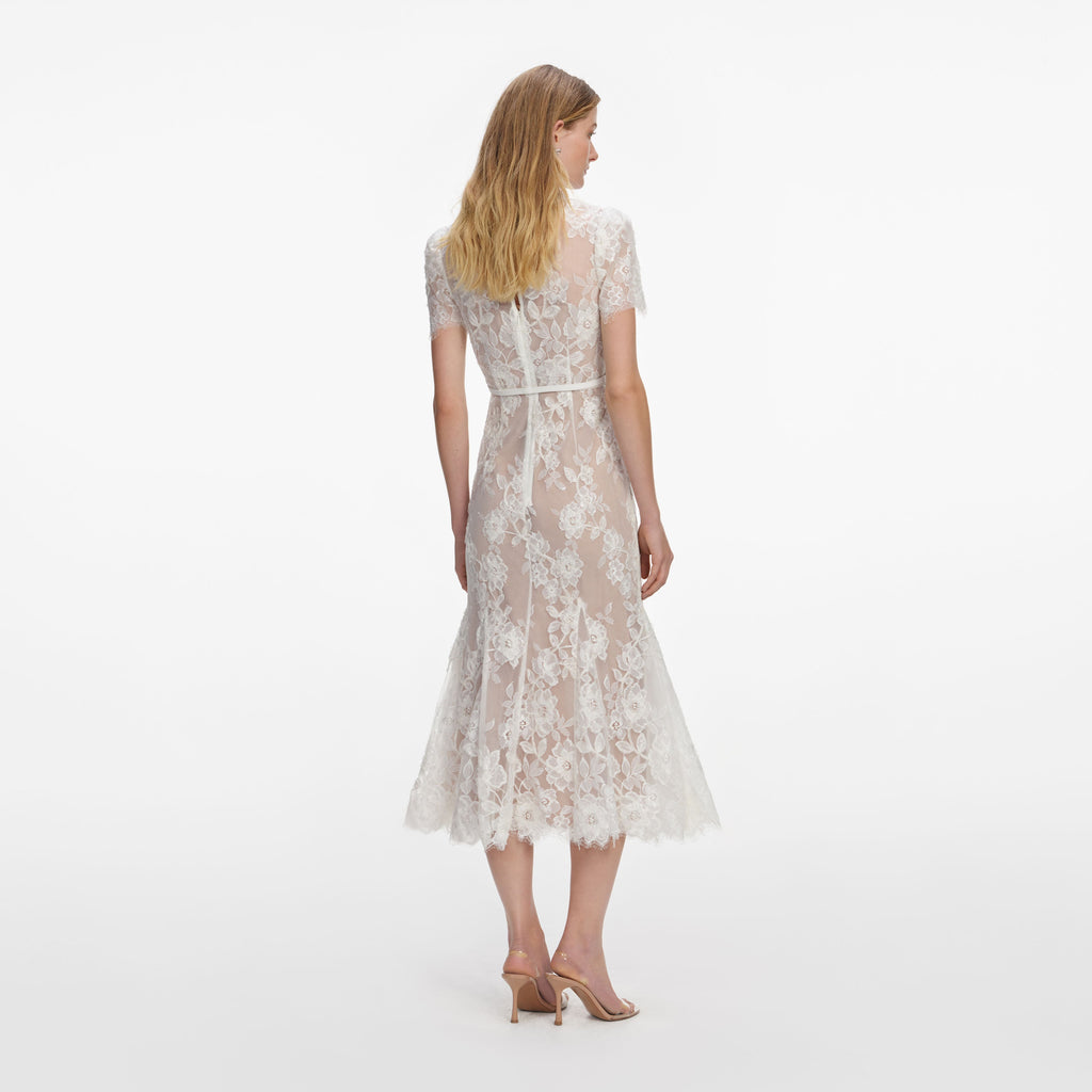 White Sequin Lace Midi Dress