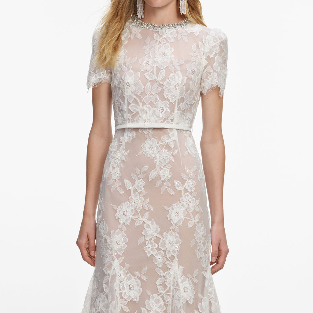 White Sequin Lace Midi Dress