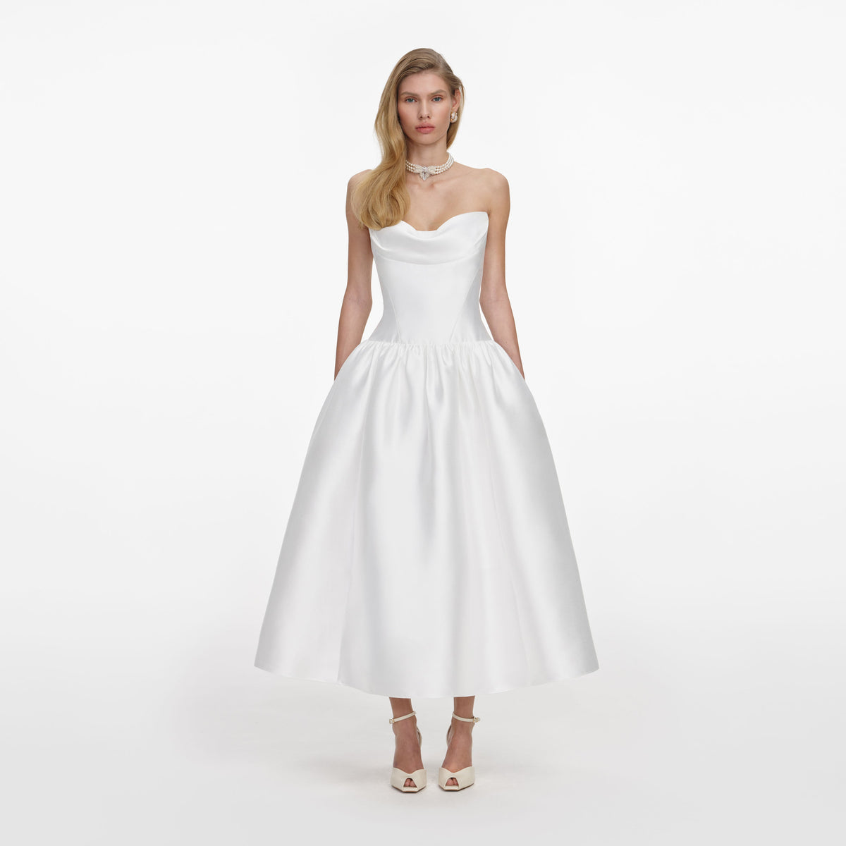 White Taffeta Strapless Midi Dress