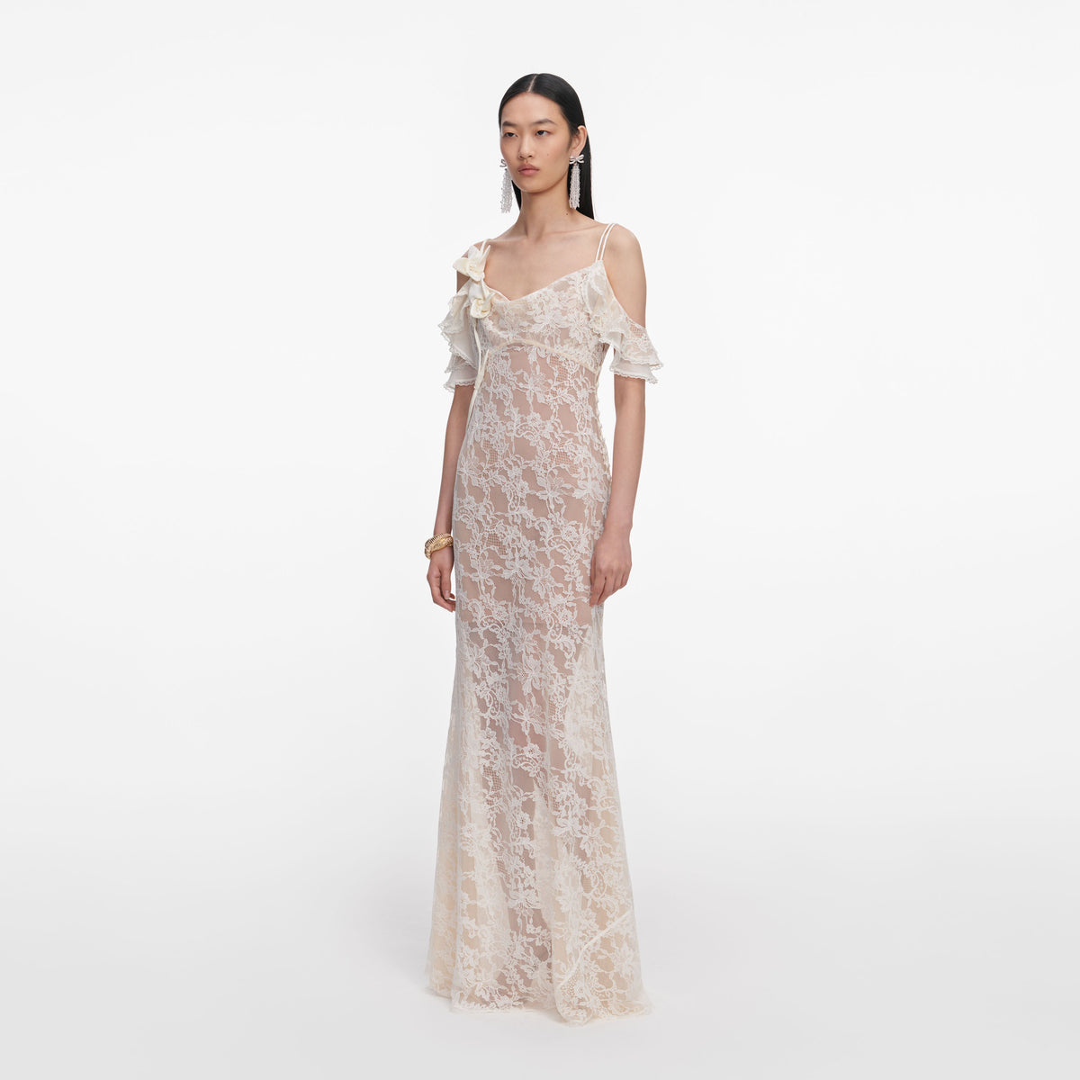 Cream Lace Flower Maxi Dress