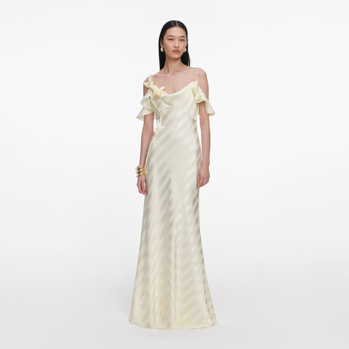 Yellow Satin Striped Maxi Dress