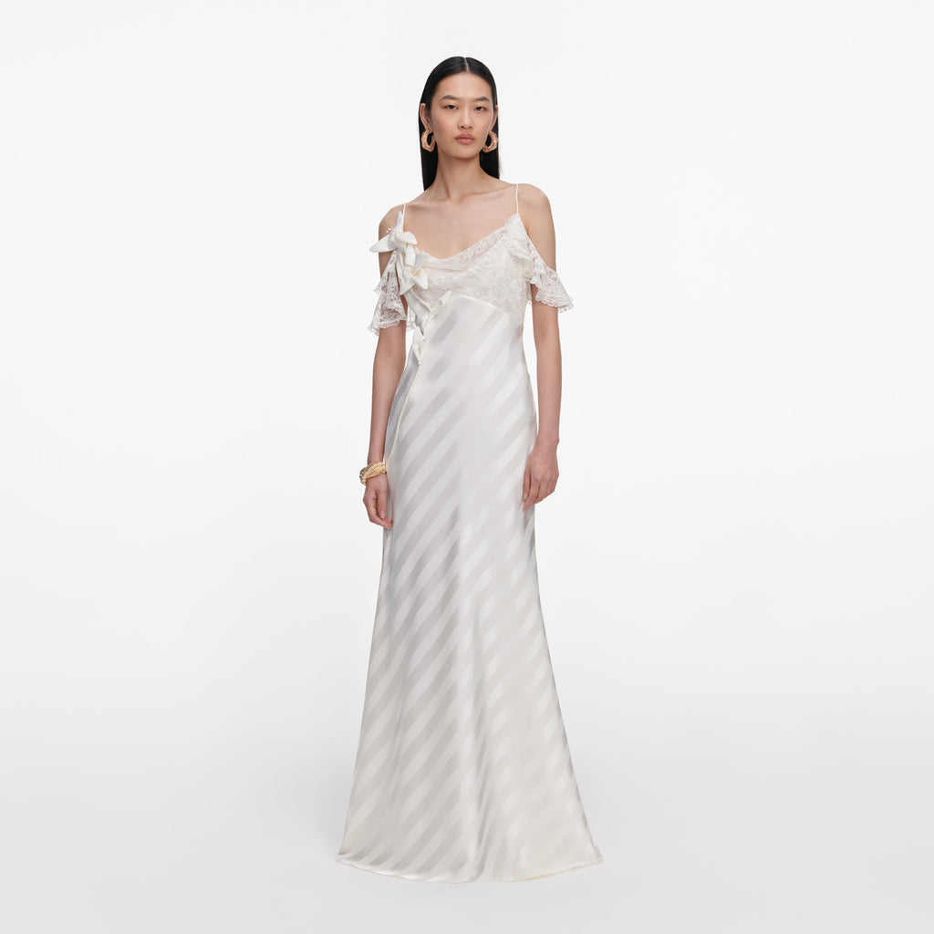 Cream Satin Striped Maxi Dress
