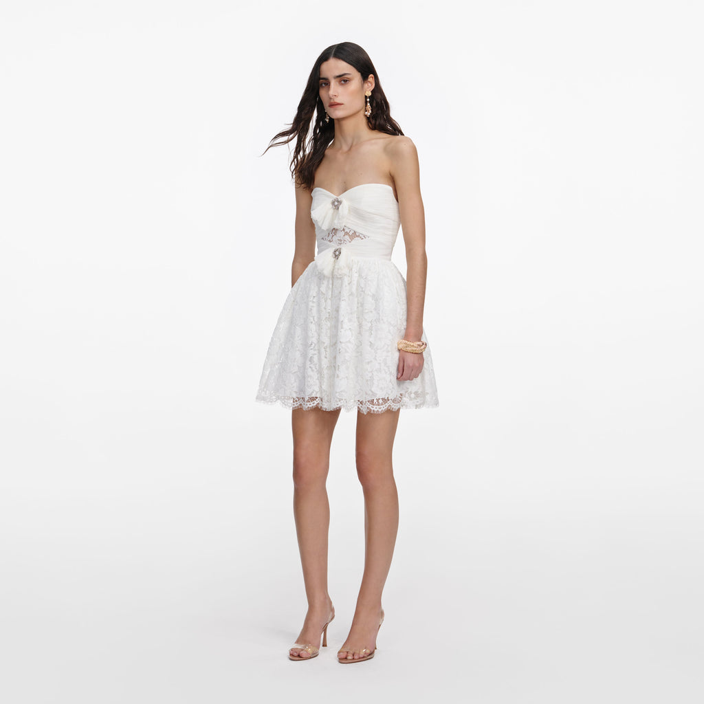 White Lace Bow Mini Dress