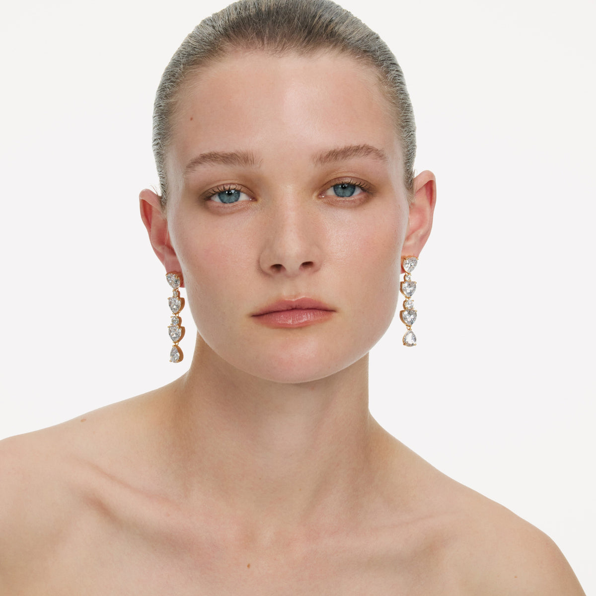 Gold Heart Crystal Tiered Earrings