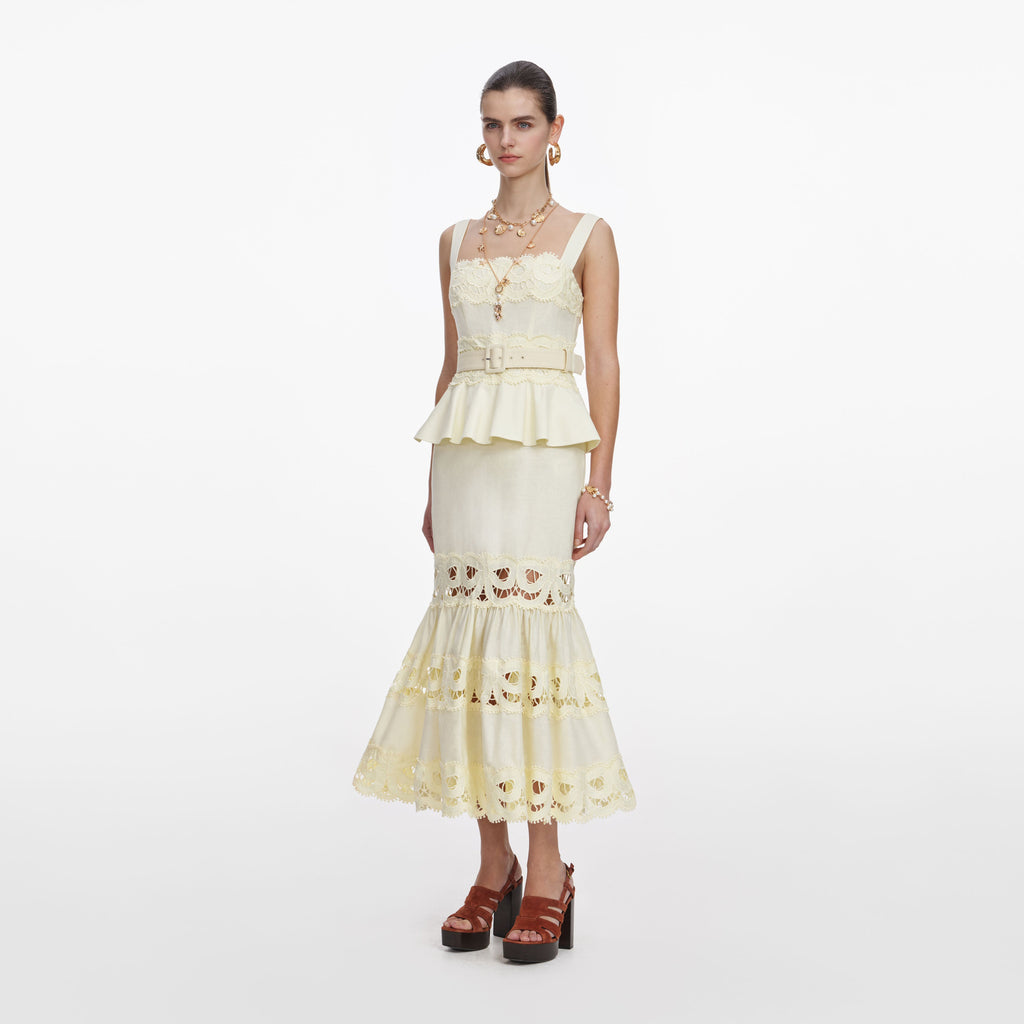 Yellow Linen Peplum Midi Dress