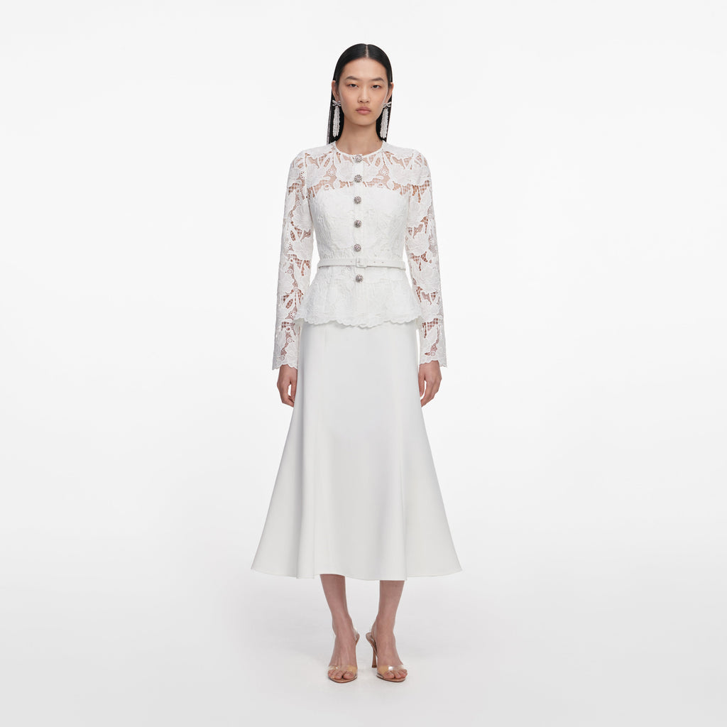 White Lace Crepe Midi Dress