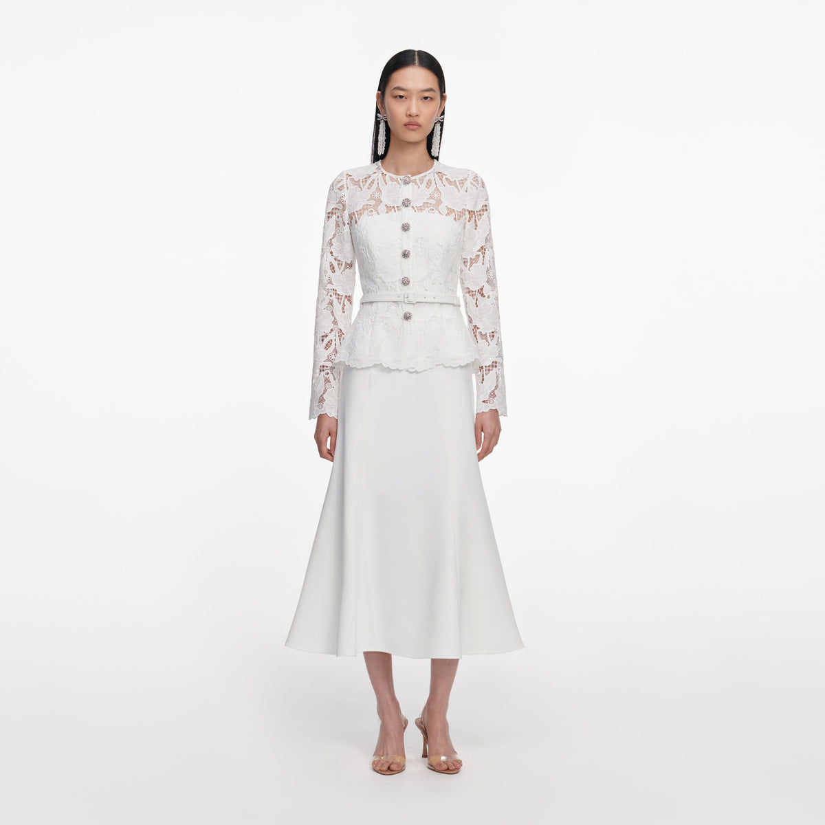 White Lace Crepe Midi Dress