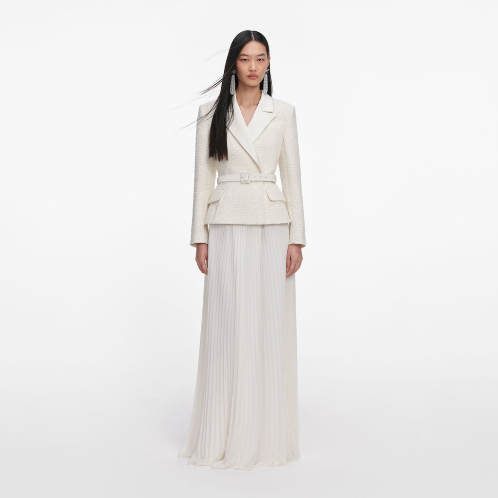 Cream Tailored Boucle Chiffon Maxi Dress