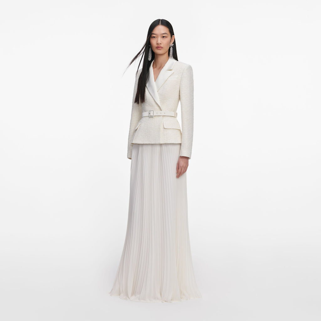 Cream Tailored Boucle Chiffon Maxi Dress