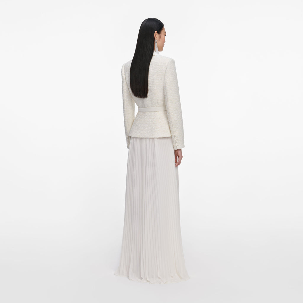 Cream Tailored Boucle Chiffon Maxi Dress