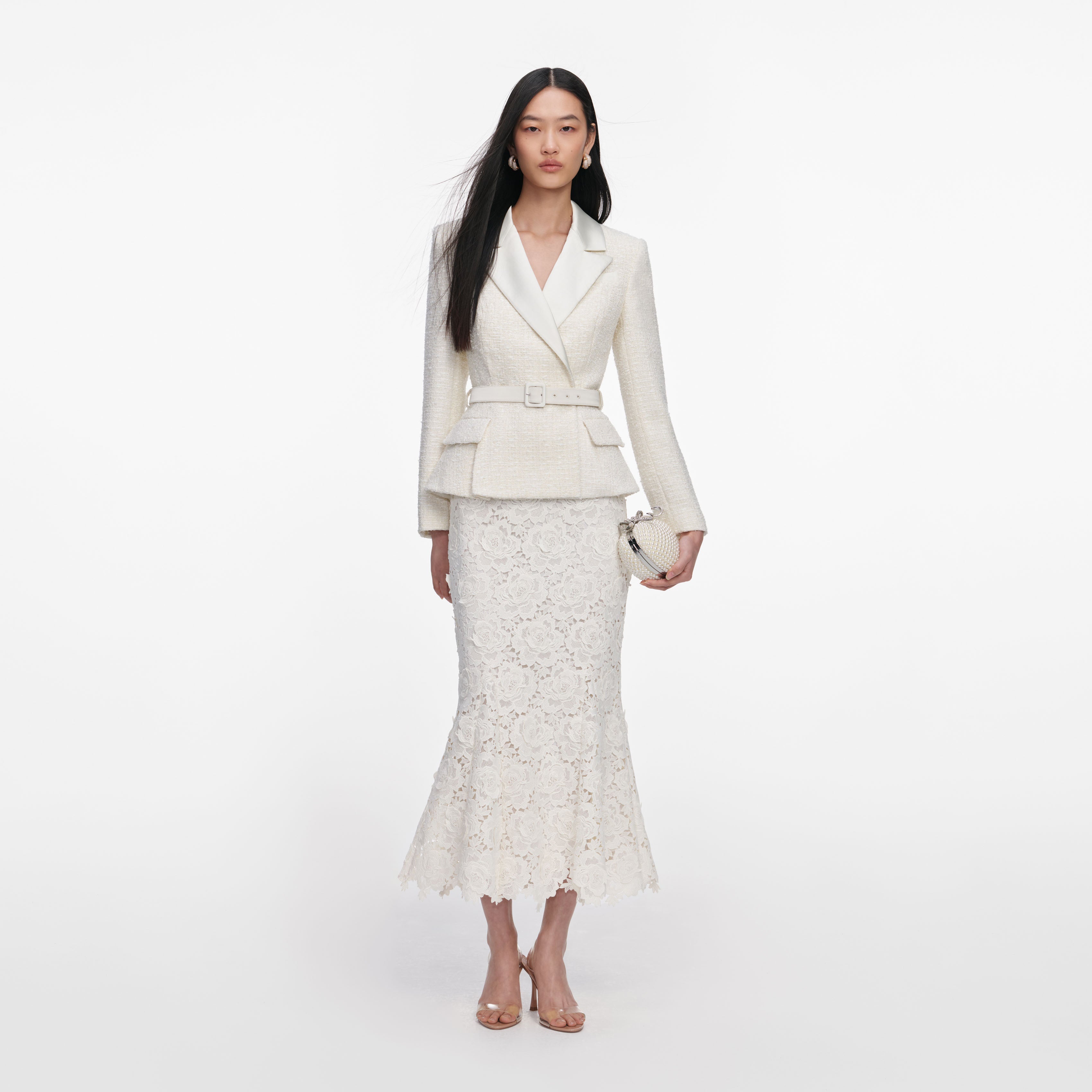 Cream Boucle Flower Lace Midi Dress