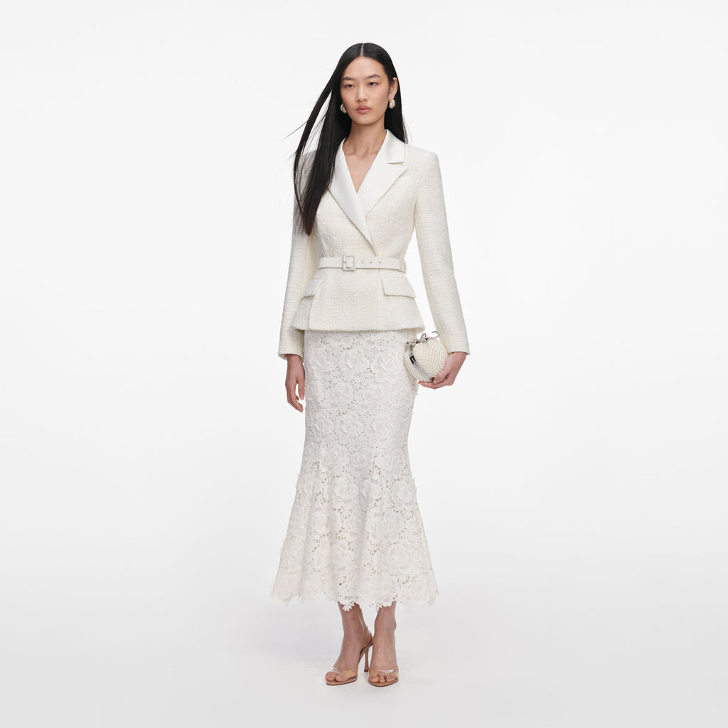 Cream Boucle Flower Lace Midi Dress