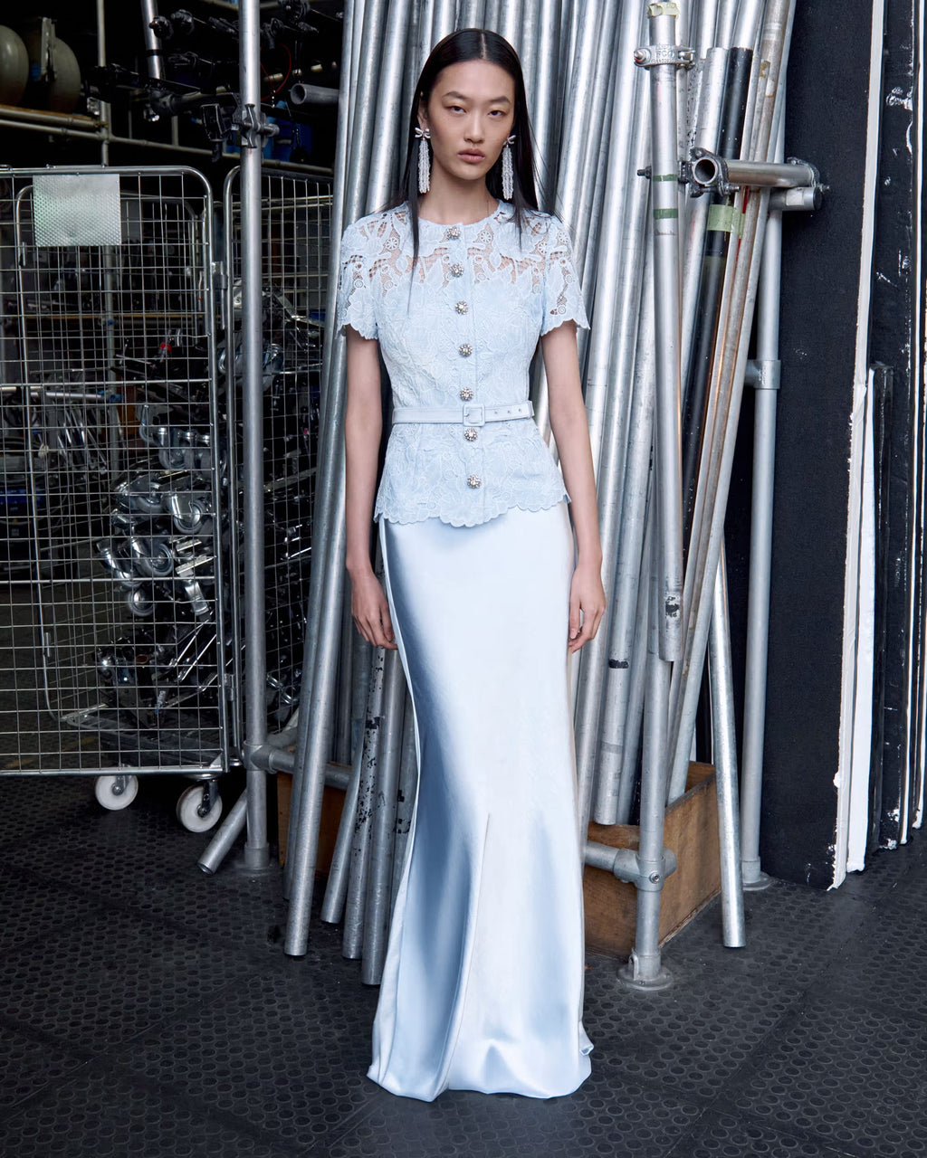 Blue Lace Satin Maxi Dress