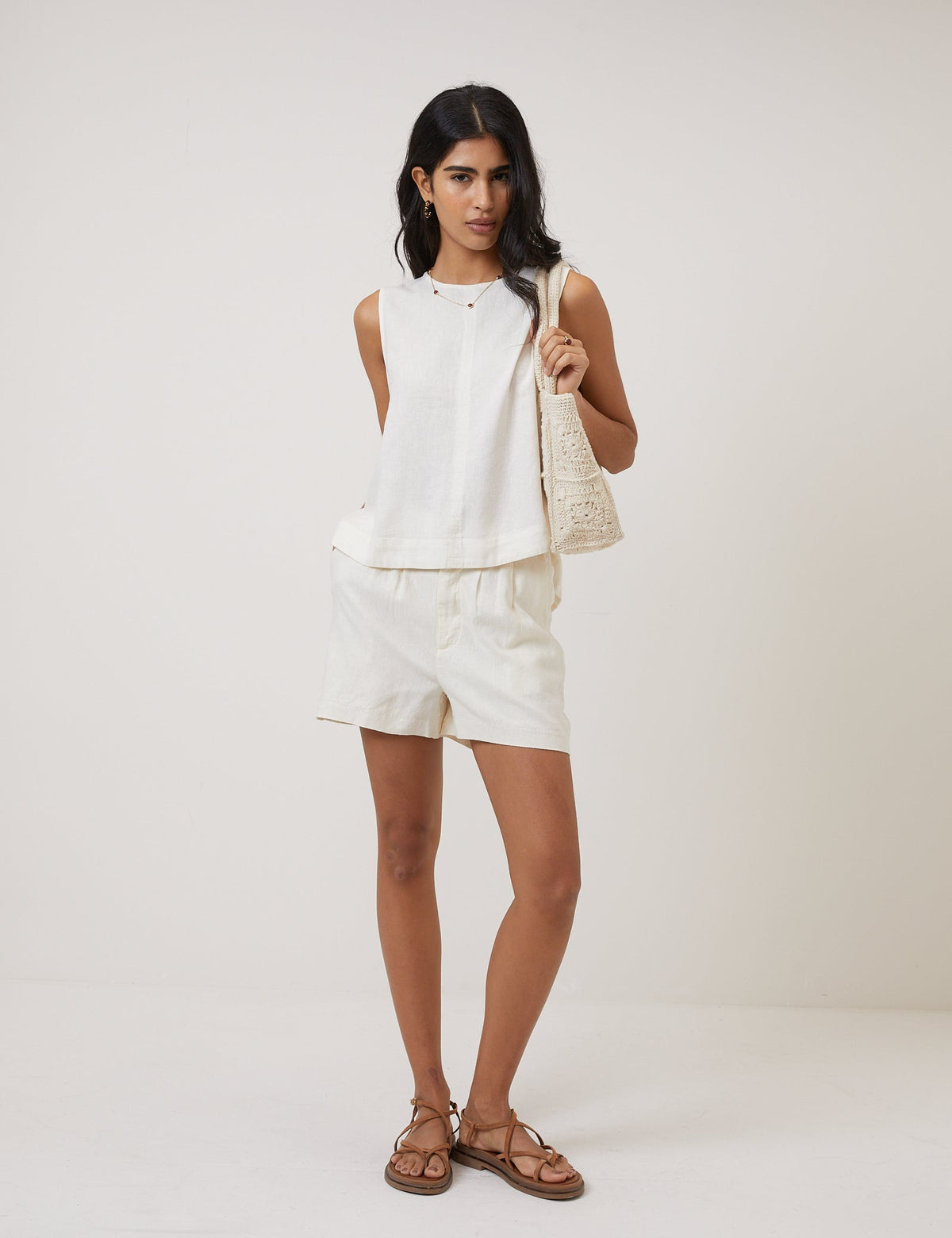 Cream Linen-Rich Sleeveless Swing Top