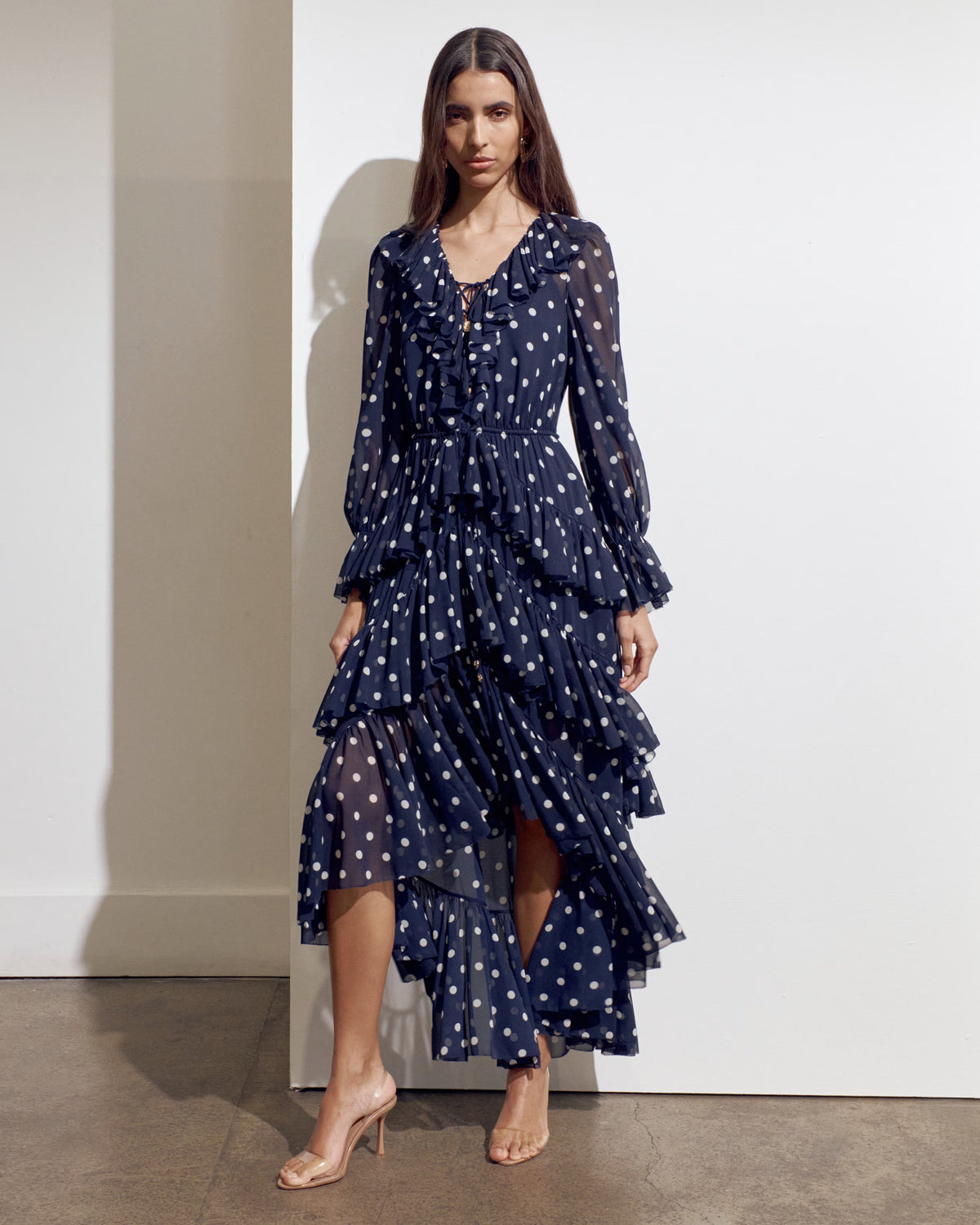 Polka Dot Georgette Ruffle Maxi Dress
