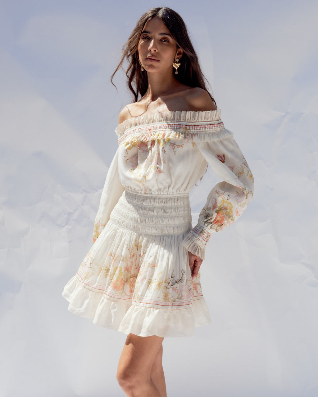 Cream Floral Organza Ruffle Mini Dress