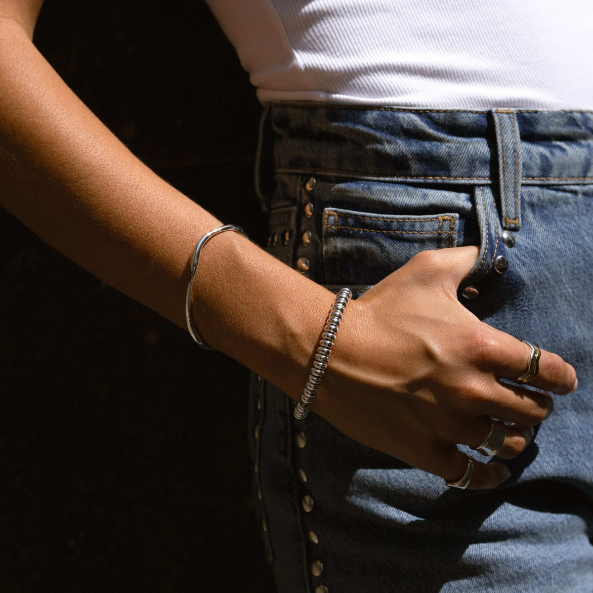 Metal Nugget Adjustable Slider Bracelet - Silver