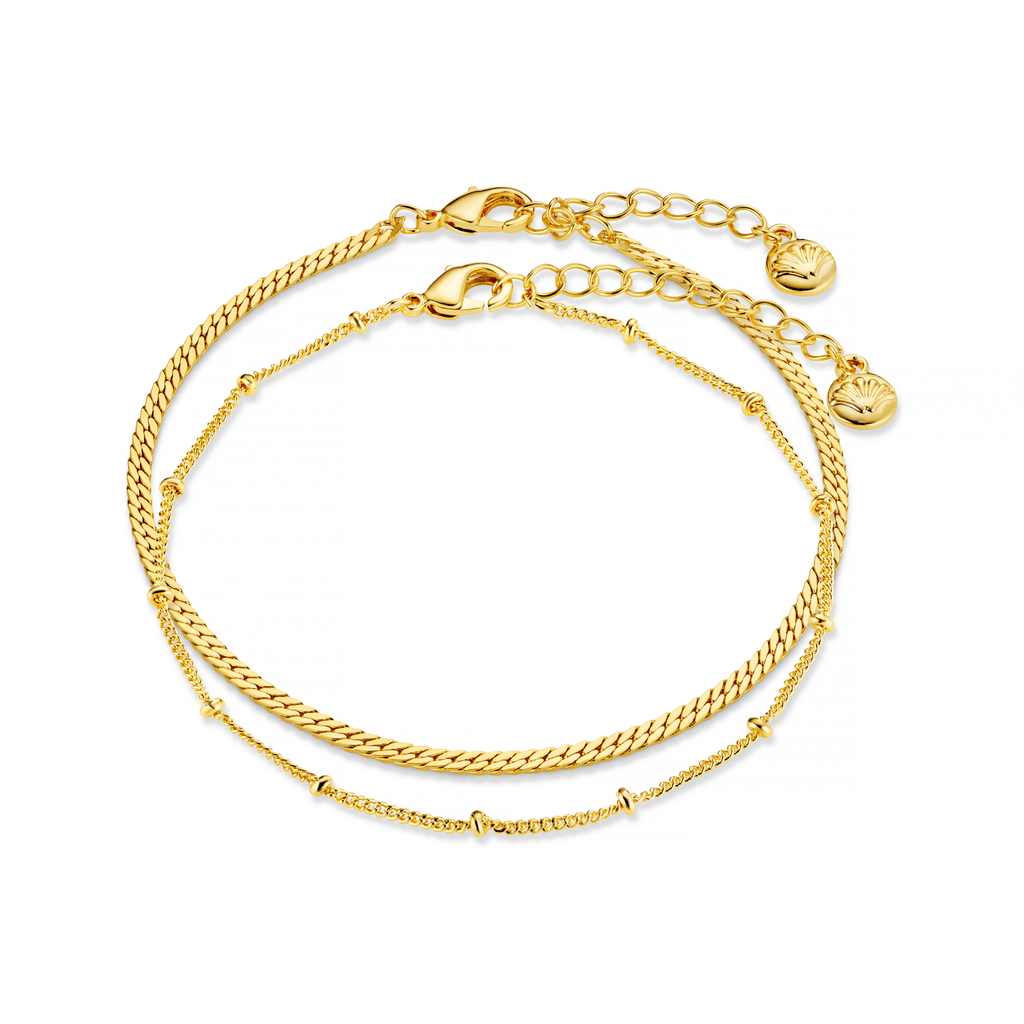 Satellite & Flat Curb Bracelet Duo - Gold