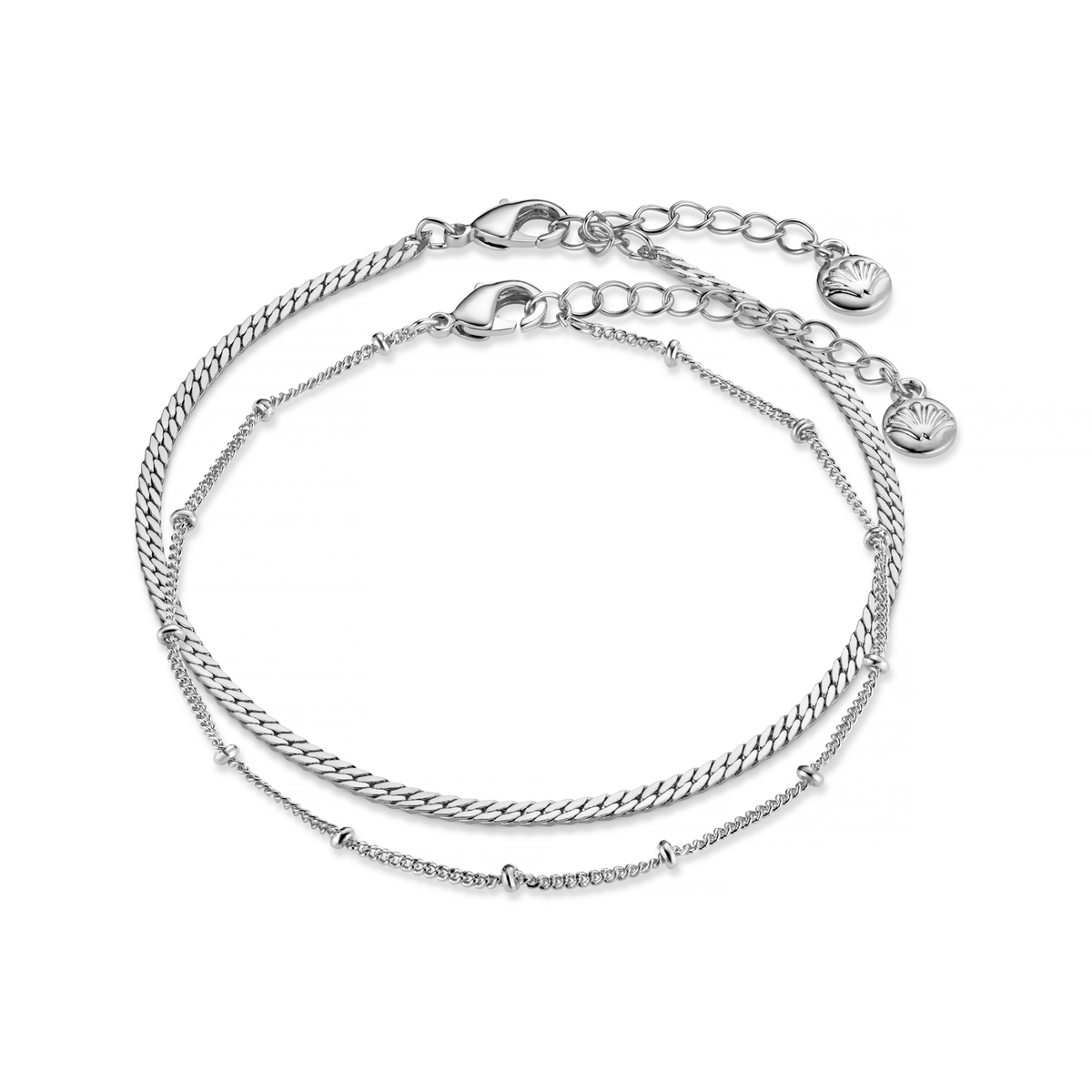 Satellite & Flat Curb Bracelet Duo - Silver