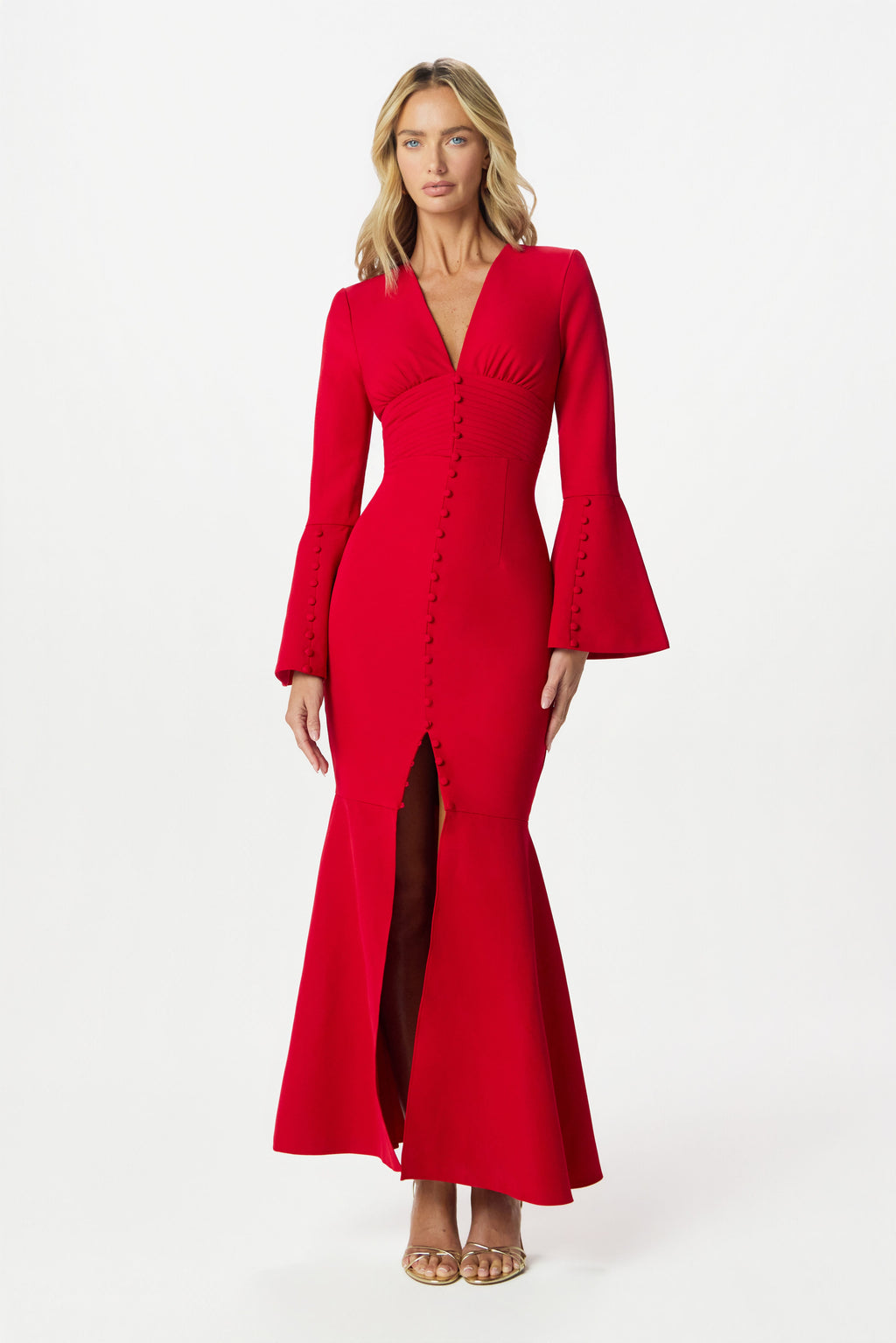 JOSIE Fluted Sleeve Fishtail Maxi Dress in Red