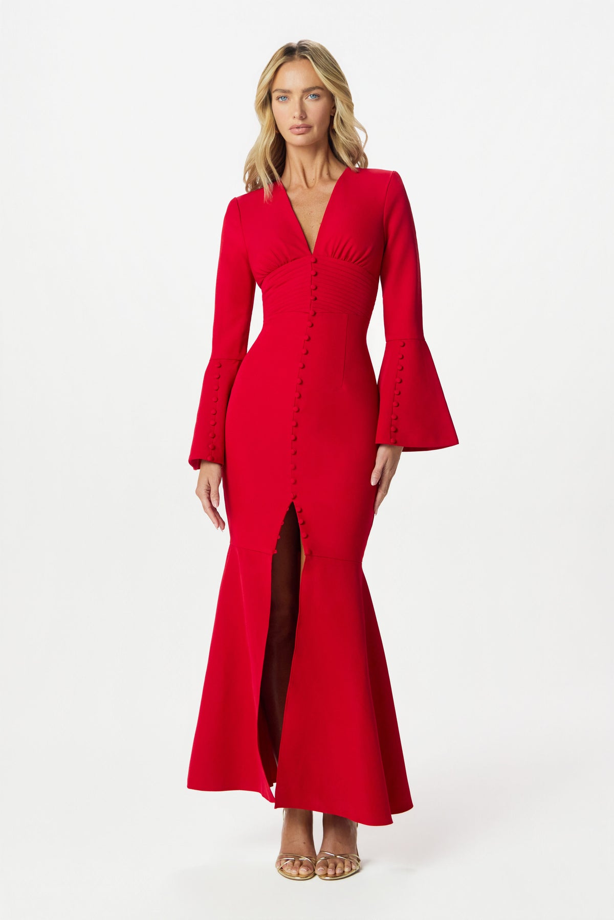 JOSIE Fluted Sleeve Fishtail Maxi Dress in Red