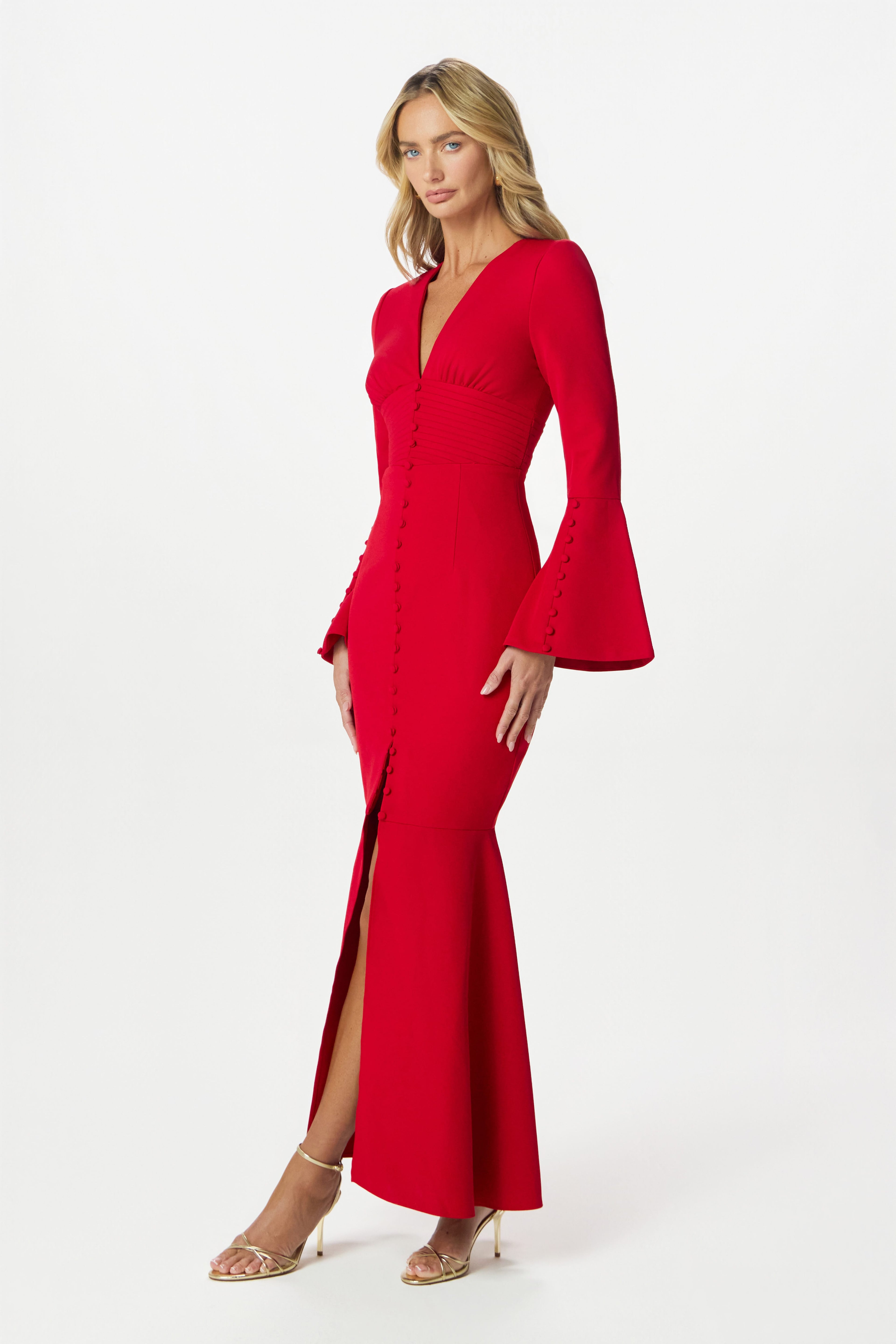 JOSIE Fluted Sleeve Fishtail Maxi Dress in Red