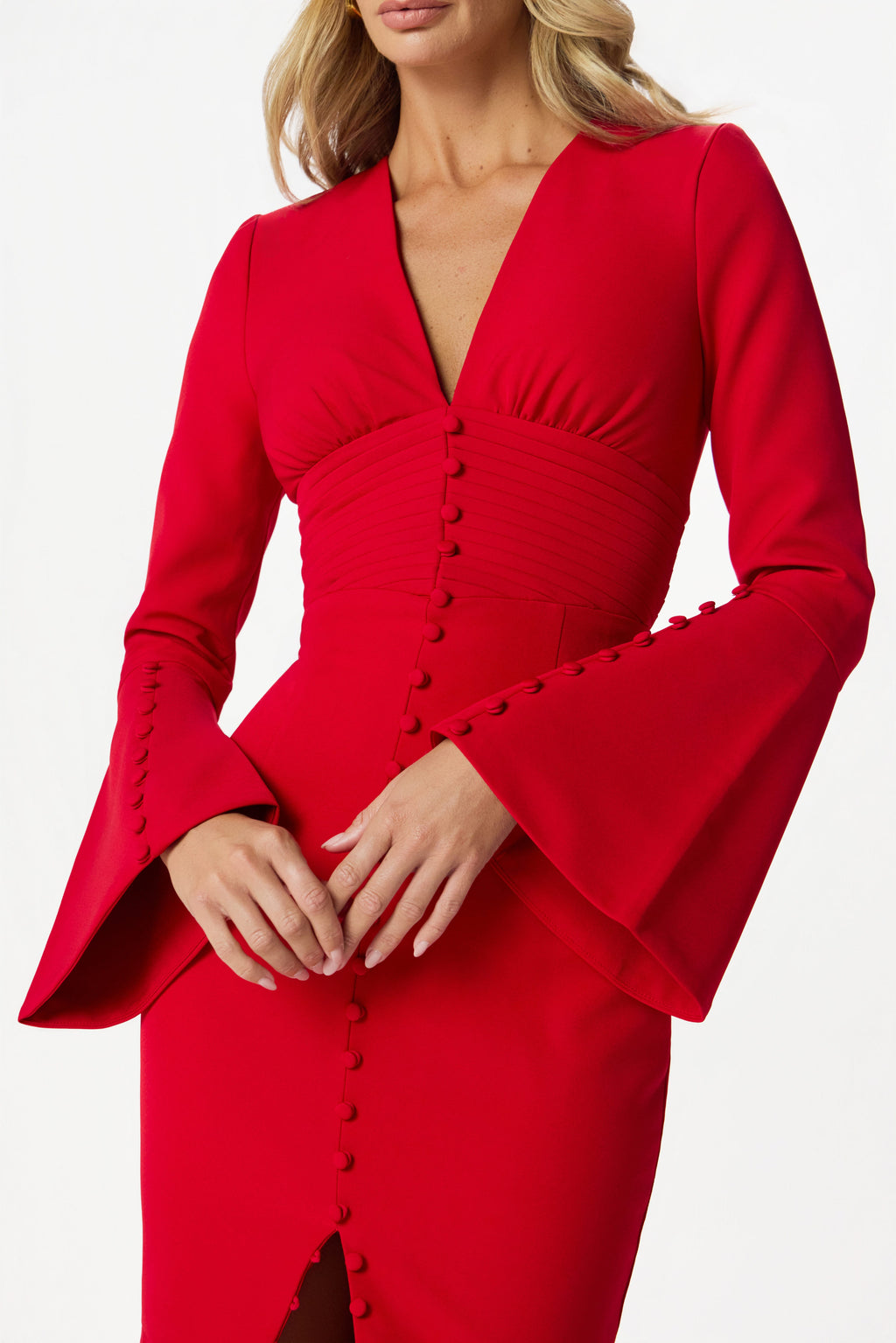 JOSIE Fluted Sleeve Fishtail Maxi Dress in Red
