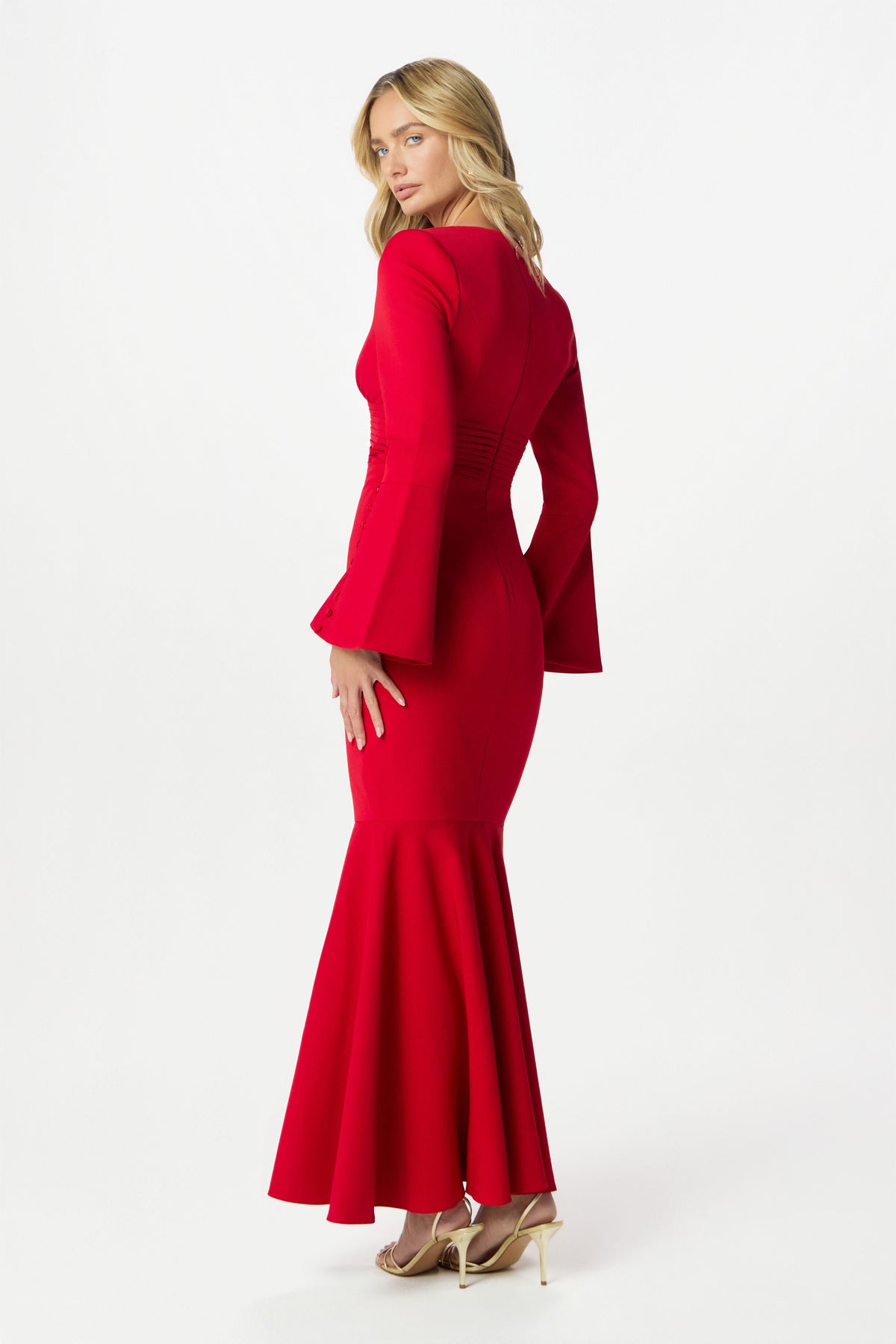 JOSIE Fluted Sleeve Fishtail Maxi Dress in Red