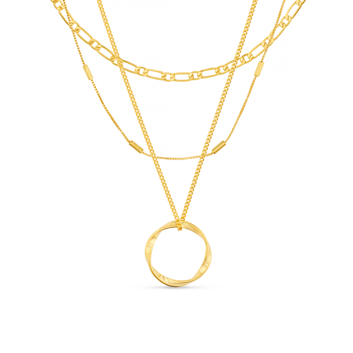 Open Circle Three Row Necklace - Gold