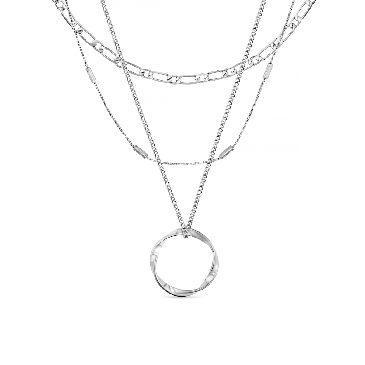 Open Circle Three Row Necklace - Silver