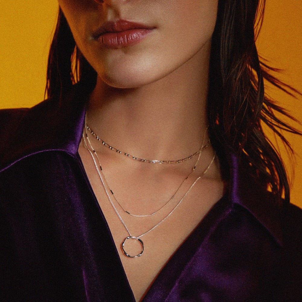 Open Circle Three Row Necklace - Silver