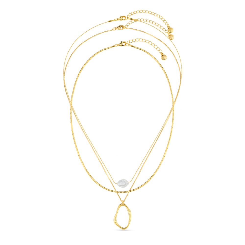Organic Oval & Pearl 3-Row Necklace