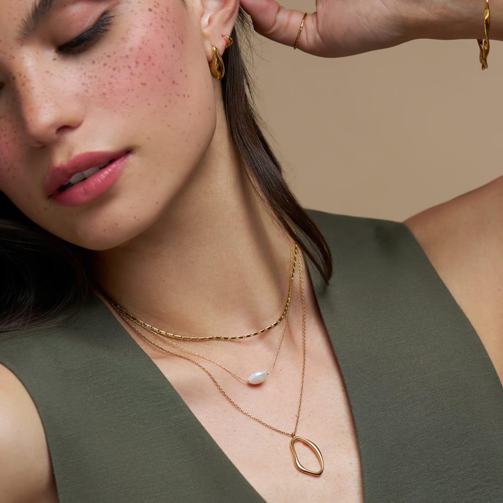Organic Oval & Pearl 3-Row Necklace