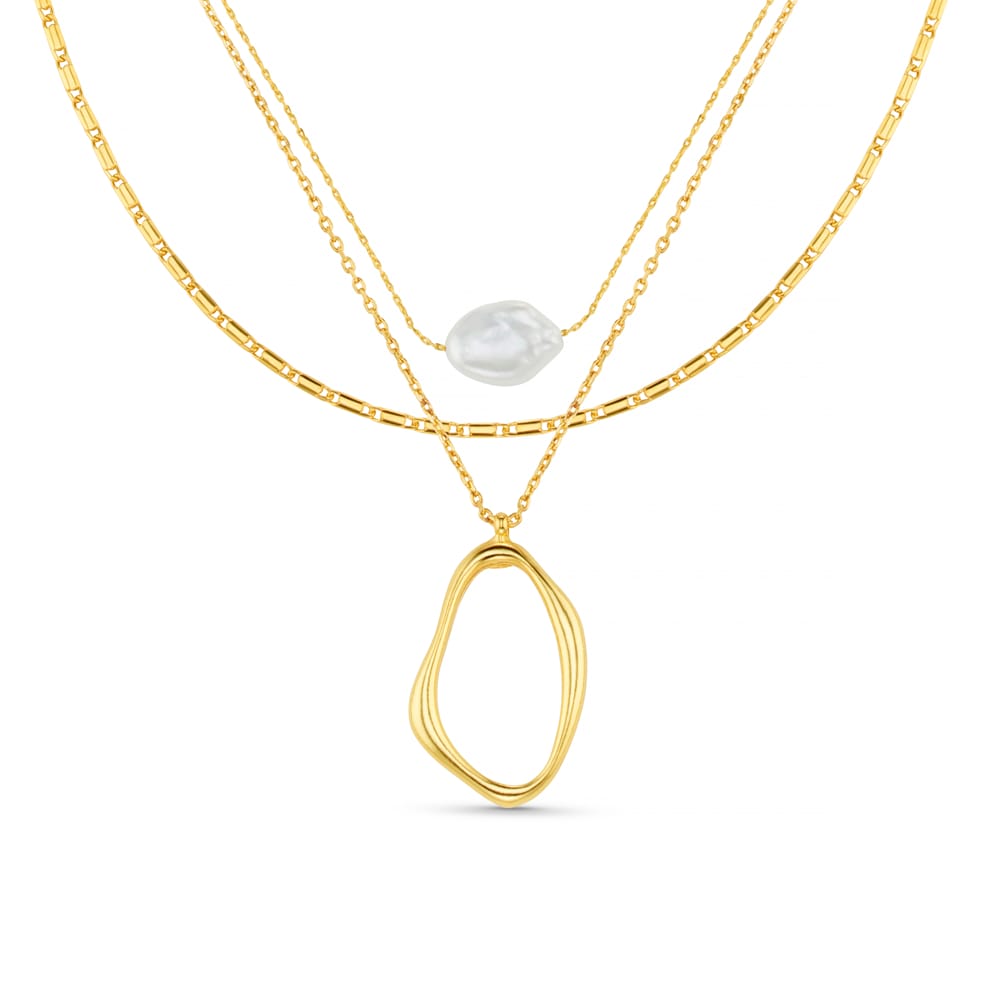 Organic Oval & Pearl 3-Row Necklace