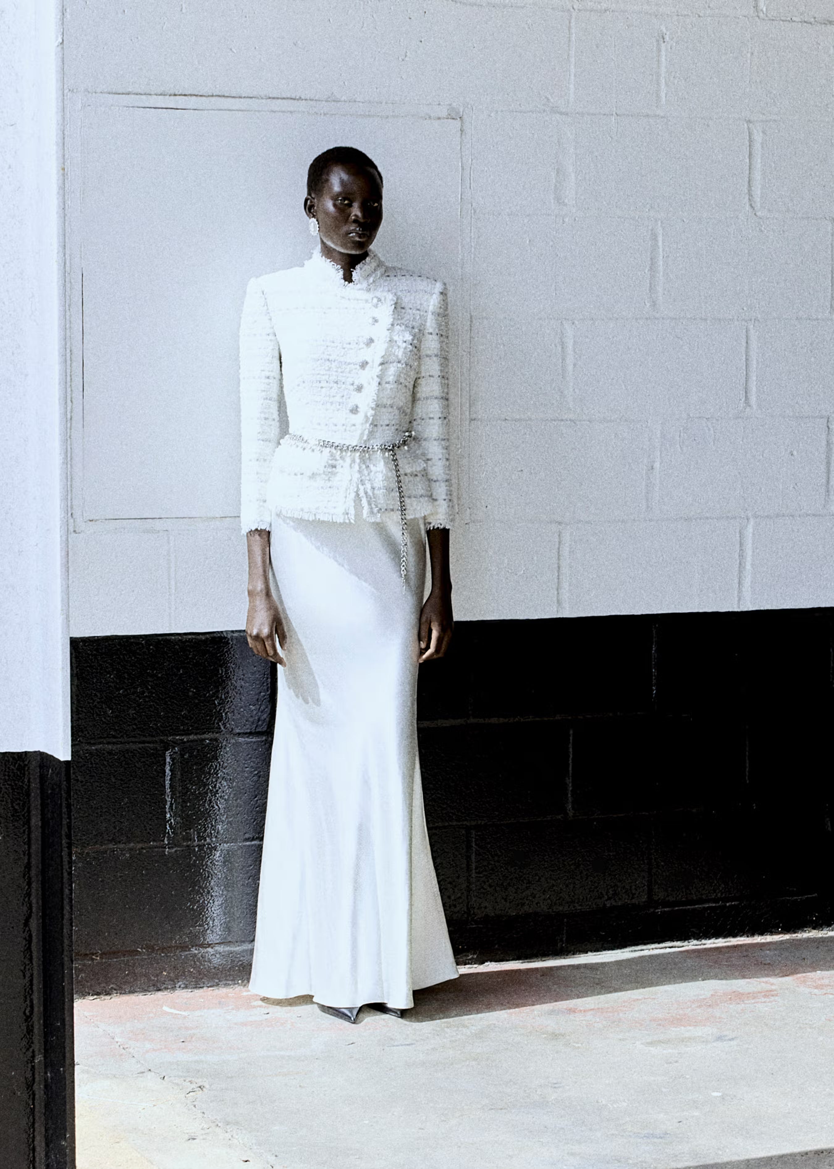 White Boucle Satin Maxi Dress
