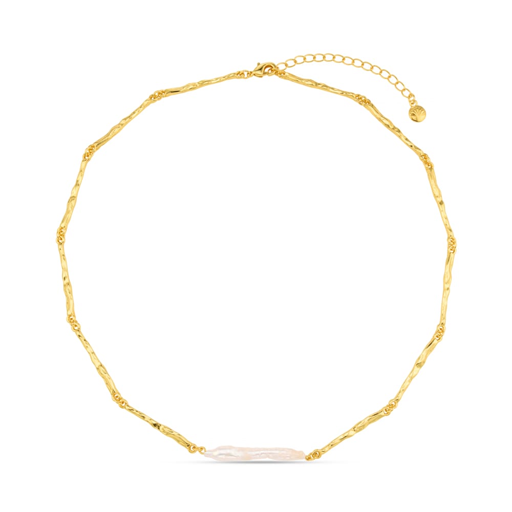 Elongated Pearl & Molten Bar Link Necklace