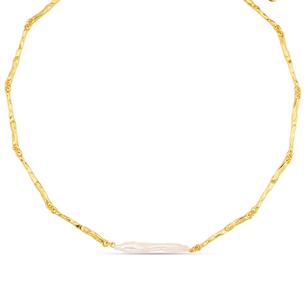 Elongated Pearl & Molten Bar Link Necklace