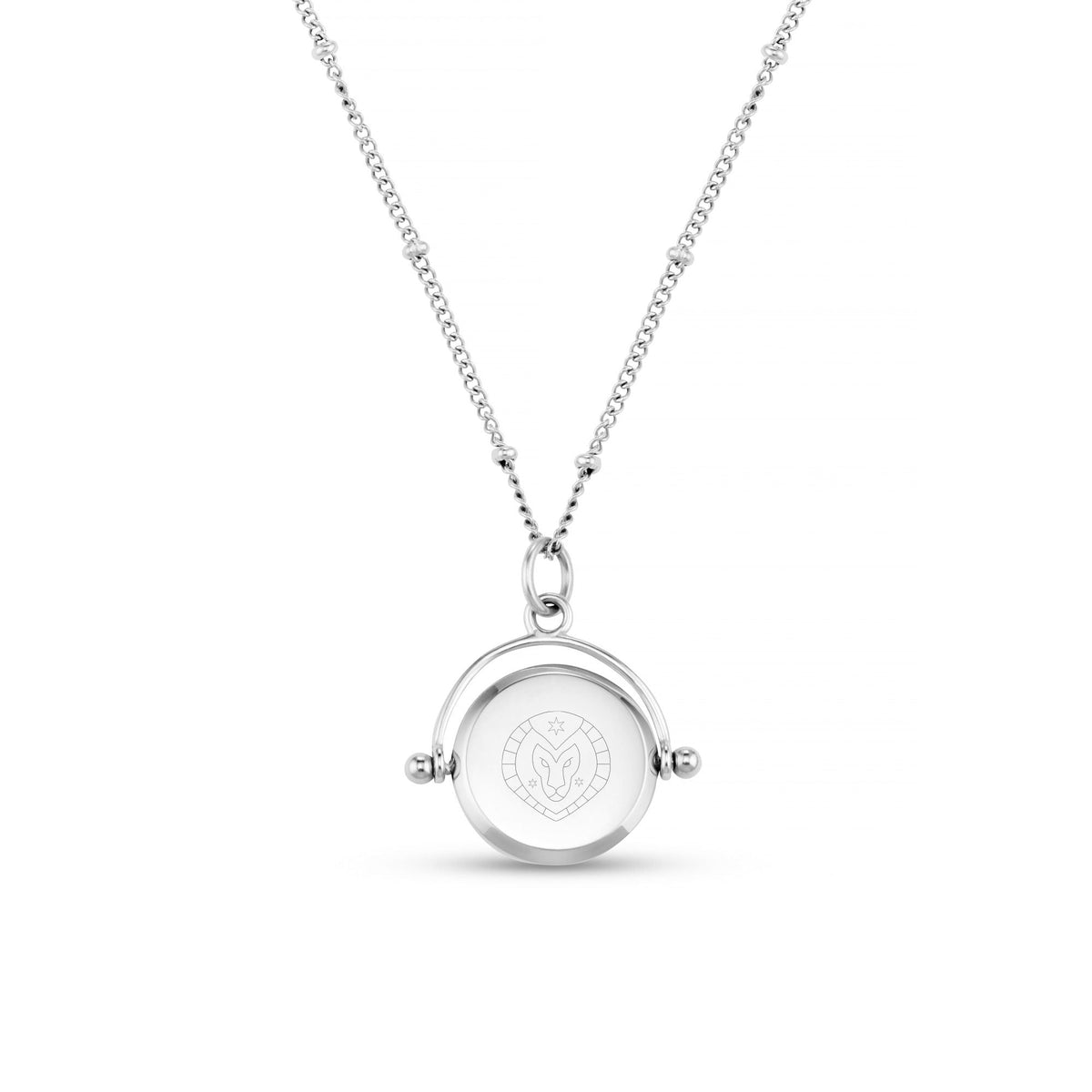 LUXE Leo Engraved Faceted Disc Spinner Necklace - Silver
