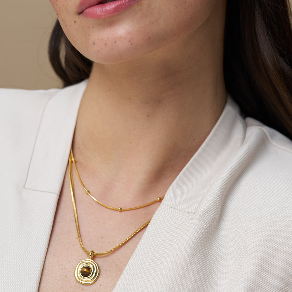 Snake Chain & Semi-Precious Tiger's Eye Pendant Necklace