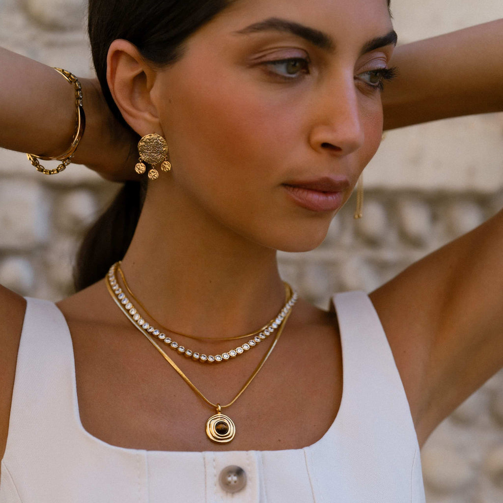 Snake Chain & Semi-Precious Tiger's Eye Pendant Necklace