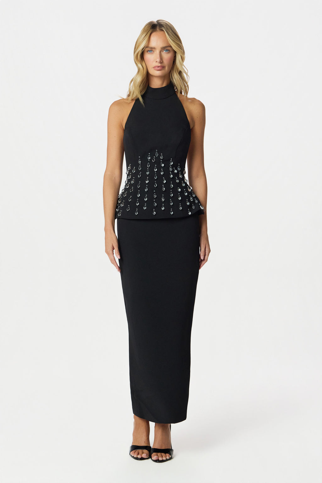 VALENTINA High Neck Crystal Embellished Peplum Maxi Dress In Black