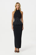 VALENTINA High Neck Crystal Embellished Peplum Maxi Dress In Black