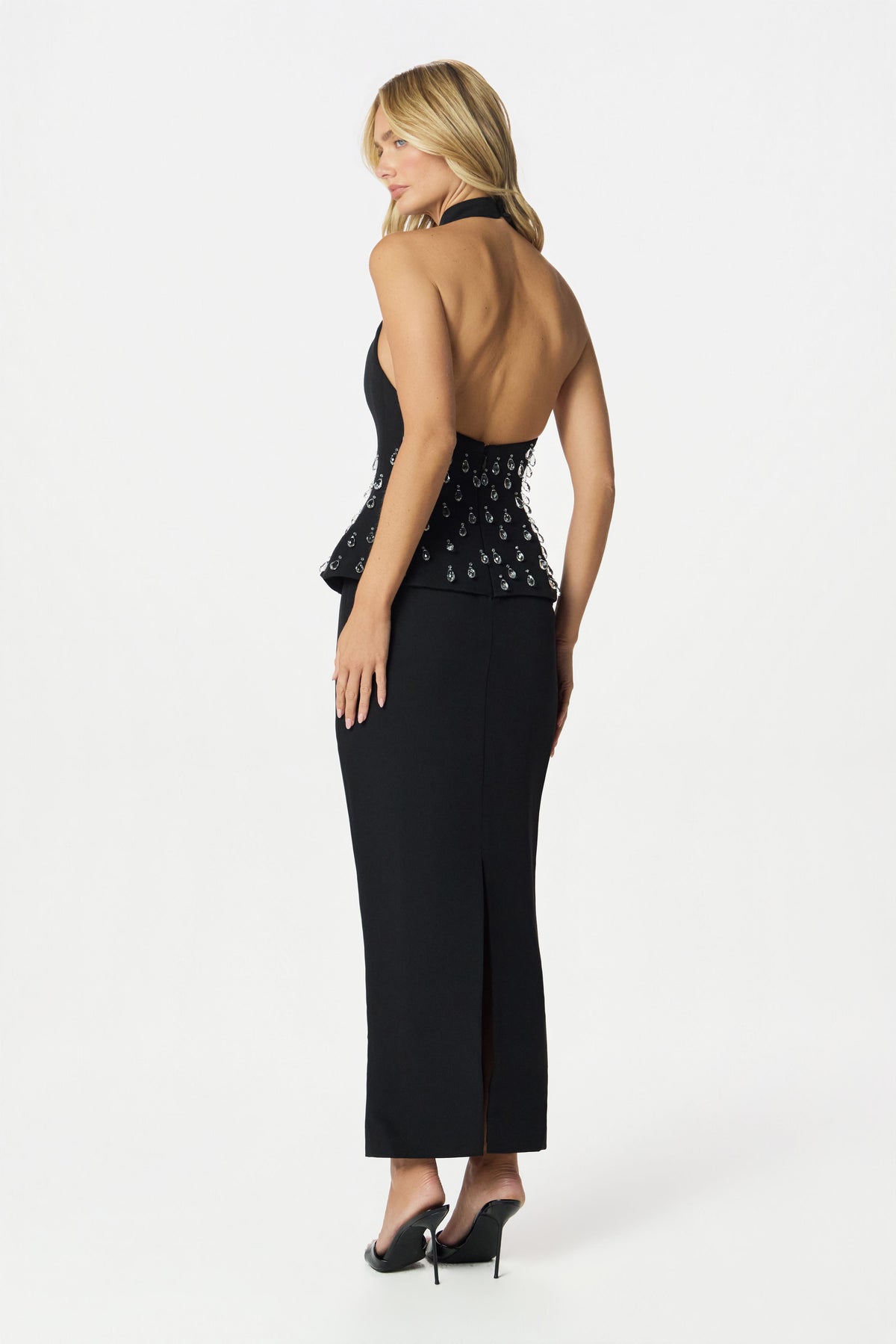 VALENTINA High Neck Crystal Embellished Peplum Maxi Dress In Black