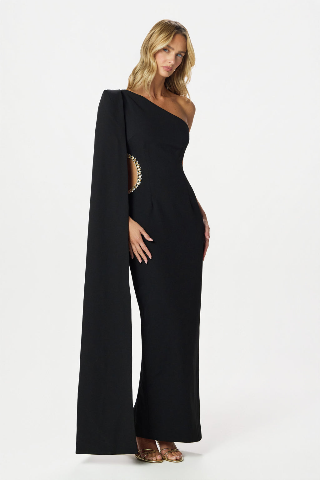 VIVIANA Asymmetric Embellished Cut Out Maxi Cape Dress In Black