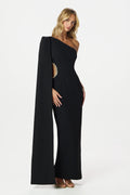 VIVIANA Asymmetric Embellished Cut Out Maxi Cape Dress In Black