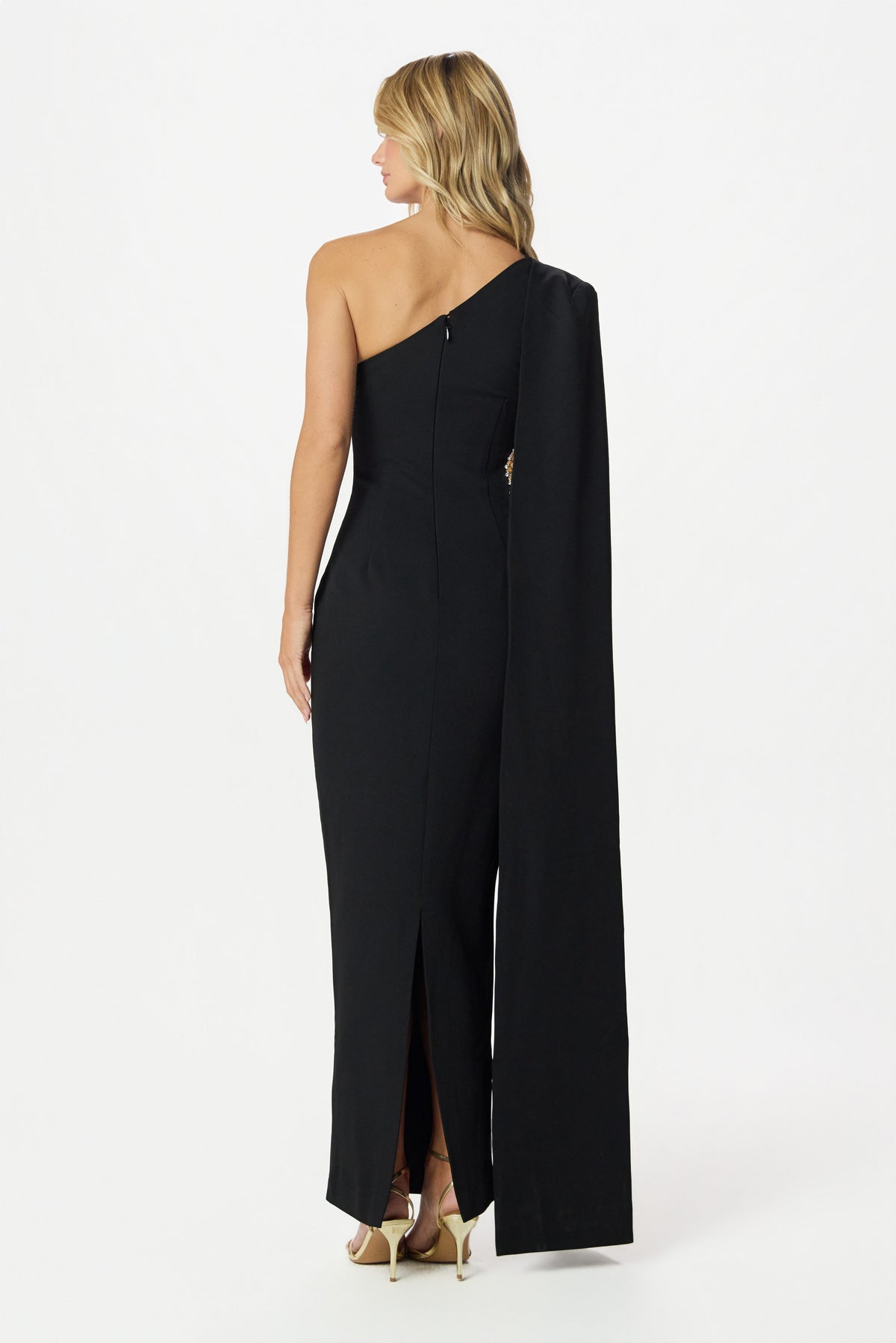 VIVIANA Asymmetric Embellished Cut Out Maxi Cape Dress In Black